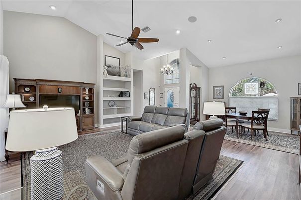 Chandelier, Dining room, Interior, Living room, Recessed Lighting, Wood Texture Flooring