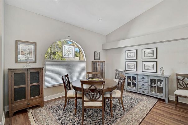 Dining room, Interior, Recessed Lighting, Wood Texture Flooring