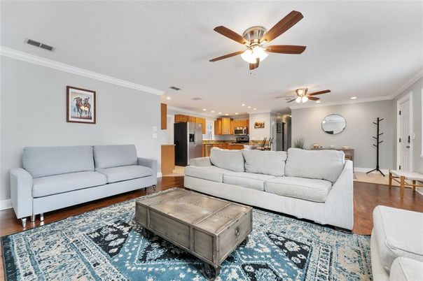 Interior, Kitchen, Living room, Recessed Lighting, Stainless Steel Appliances, Wood Texture Flooring