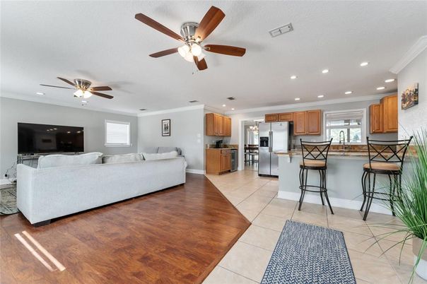 Interior, Kitchen, Living room, Recessed Lighting, Stainless Steel Appliances, Wood Texture Flooring