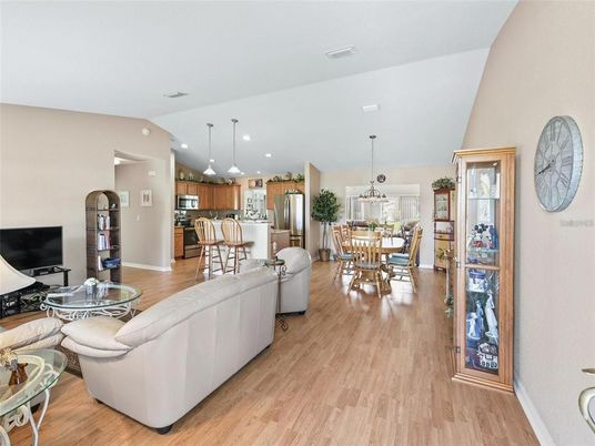 Dining room, Interior, Kitchen, Living room, Pendant Lights, Recessed Lighting, Stainless Steel Appliances, Wood Texture Flooring