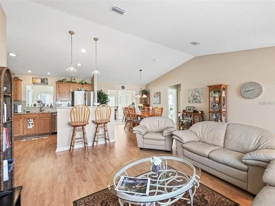 Dining room, Interior, Kitchen, Living room, Pendant Lights, Recessed Lighting, Wood Texture Flooring