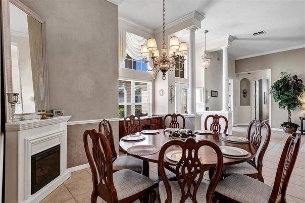 Chandelier, Dining room, Fireplace, Interior