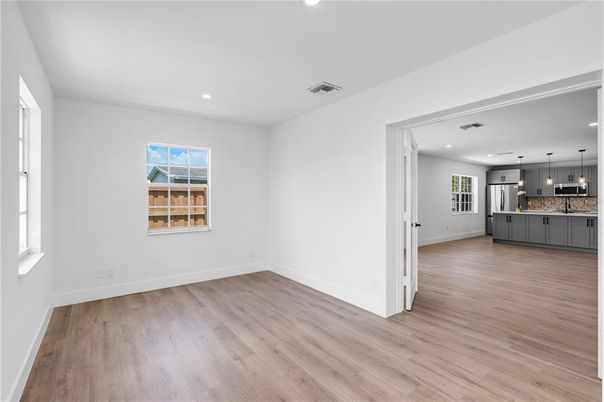 Empty room, Interior, Kitchen, Pendant Lights, Recessed Lighting, Wood Texture Flooring