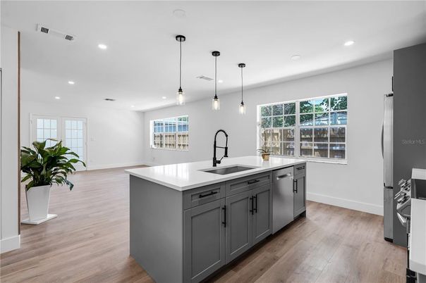 Interior, Kitchen, Pendant Lights, Recessed Lighting, Wood Texture Flooring