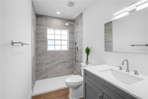 Bathroom, Interior, Marble Walls, Recessed Lighting, Wood Texture Flooring