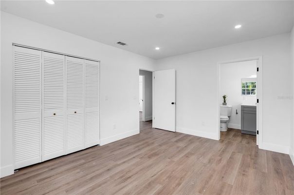 Bathroom, Empty room, Interior, Recessed Lighting, Wood Texture Flooring