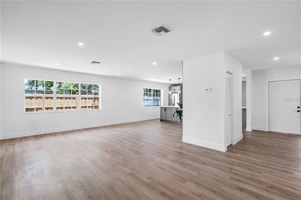 Empty room, Interior, Pendant Lights, Recessed Lighting, Wood Texture Flooring