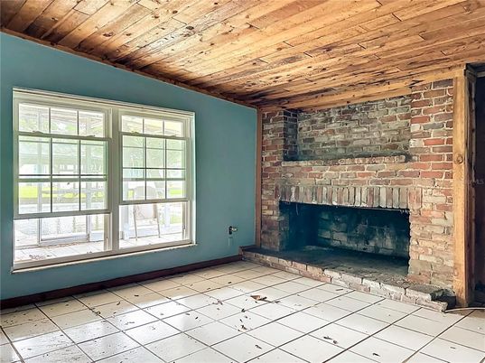 Empty room, Fireplace, Interior, Stone Walls, Wooden Ceilings
