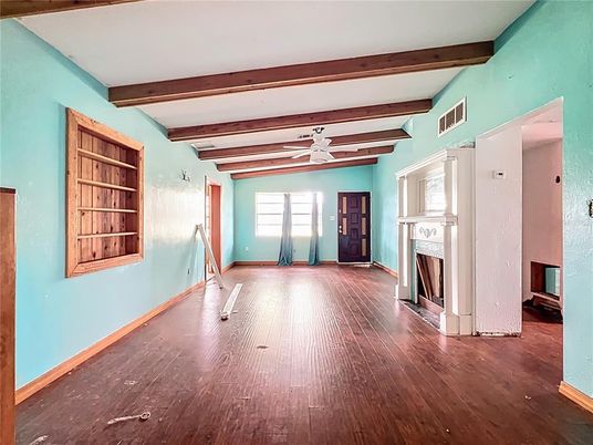 Empty room, Fireplace, Interior, Wooden Beams, Wood Texture Flooring