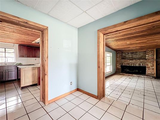Empty room, Fireplace, Interior, Kitchen, Stone Walls, Wooden Ceilings