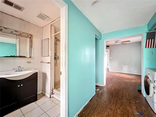 Bathroom, Interior, Washer, Wood Texture Flooring