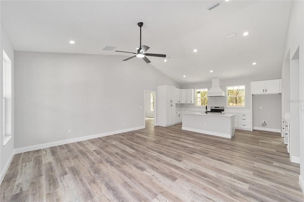 Empty room, Interior, Kitchen, Recessed Lighting, Wood Texture Flooring