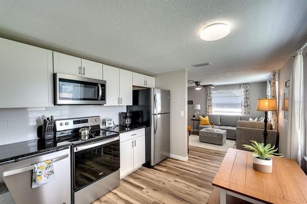 Interior, Kitchen, Living room, Stainless Steel Appliances, Wood Texture Flooring