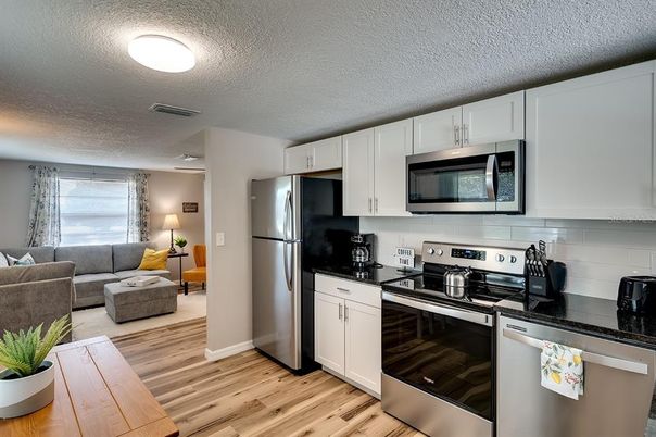 Interior, Kitchen, Living room, Stainless Steel Appliances, Wood Texture Flooring
