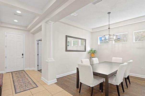 Dining room, Interior, Pendant Lights, Recessed Lighting, Wood Texture Flooring