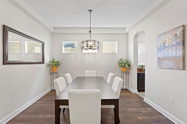 Dining room, Interior, Pendant Lights, Wood Texture Flooring