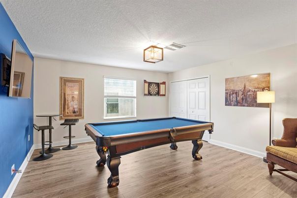 Billiard Table, Game Room, Interior, Wood Texture Flooring