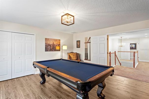 Billiard Table, Chandelier, Game Room, Interior, Wood Texture Flooring