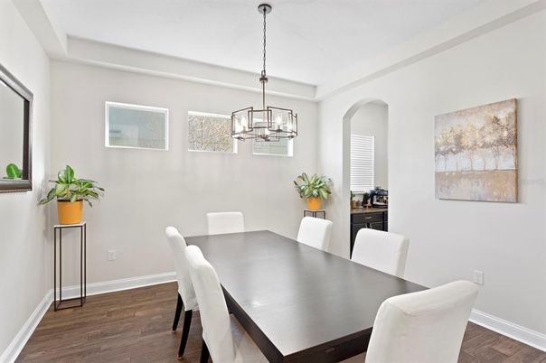 Chandelier, Dining room, Interior, Pendant Lights, Wood Texture Flooring