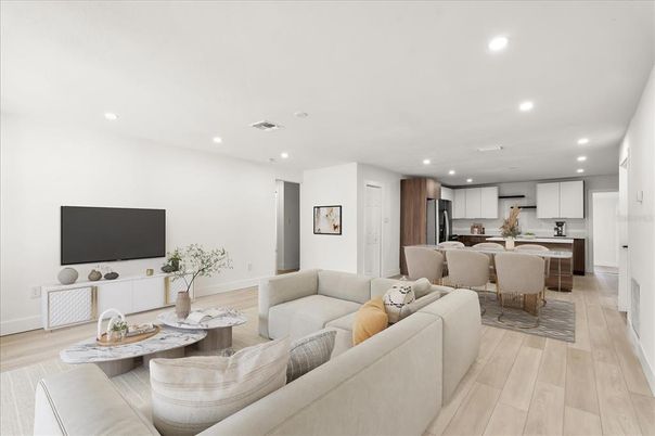 Dining room, Interior, Kitchen, Living room, Recessed Lighting, Stainless Steel Appliances, Wood Texture Flooring
