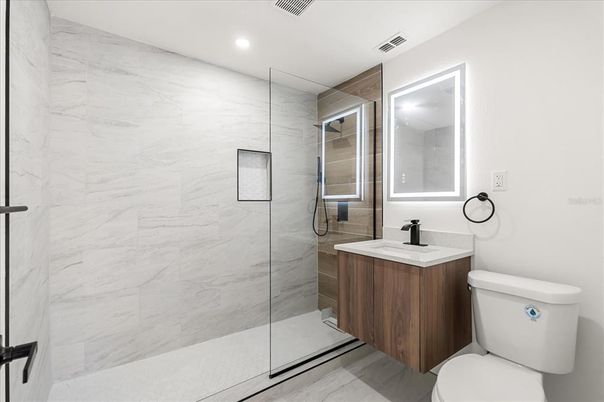 Bathroom, Glass Shower, Interior, Marble Walls, Recessed Lighting