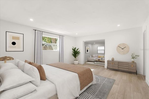 Bedroom, Interior, Recessed Lighting, Wood Texture Flooring