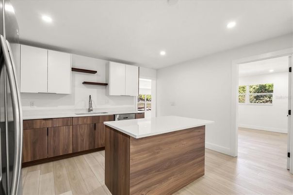 Interior, Kitchen, Recessed Lighting, Wood Texture Flooring