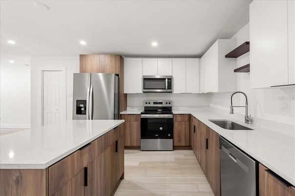 Interior, Kitchen, Recessed Lighting, Stainless Steel Appliances, Wood Texture Flooring