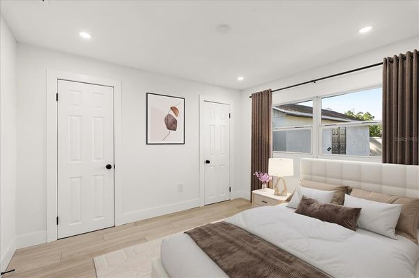 Bedroom, Interior, Recessed Lighting, Wood Texture Flooring