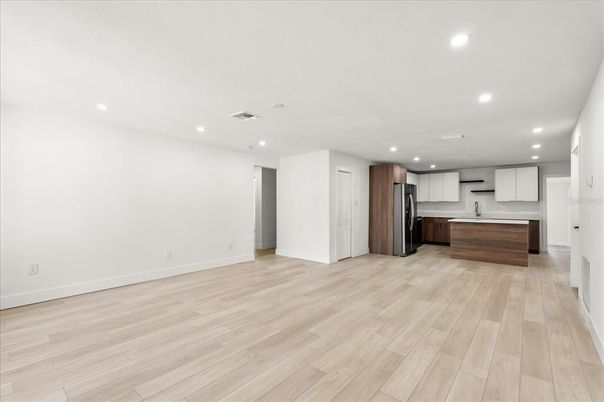 Empty room, Interior, Kitchen, Recessed Lighting, Wood Texture Flooring