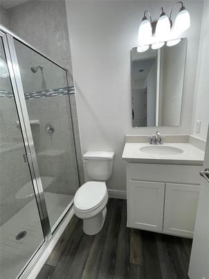 Bathroom, Glass Shower, Interior, Wood Texture Flooring