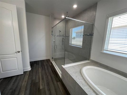 Bathroom, Glass Shower, Interior, Recessed Lighting, Wood Texture Flooring