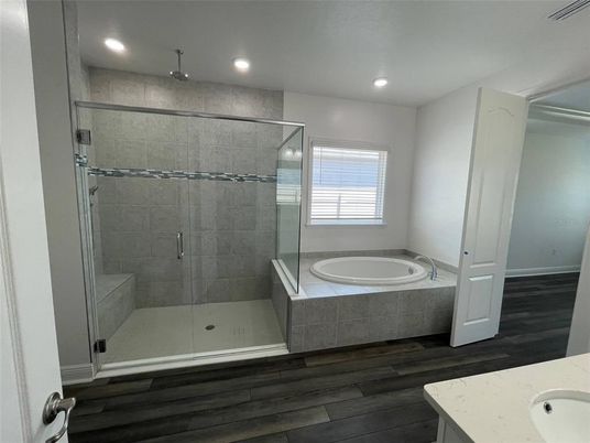Bathroom, Glass Shower, Interior, Recessed Lighting, Wood Texture Flooring