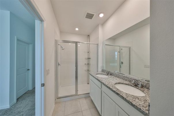 Bathroom, Dual Sink Vanities, Glass Shower, Interior, Recessed Lighting