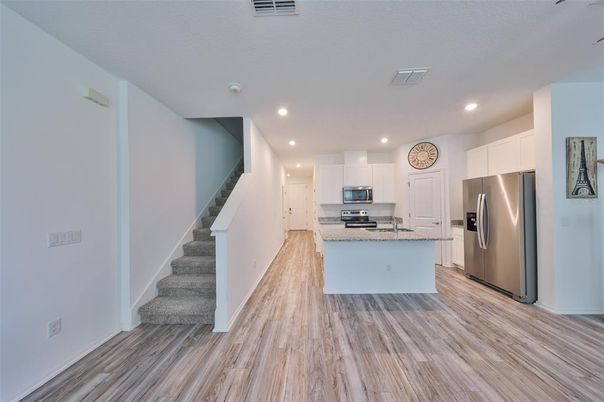 Interior, Kitchen, Recessed Lighting, Stainless Steel Appliances, Wood Texture Flooring