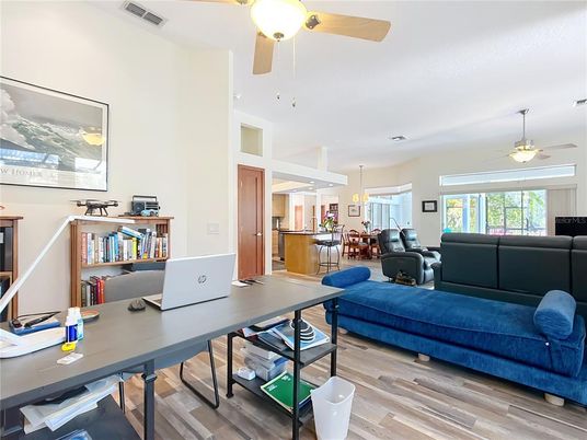 Home Office, Interior, Pendant Lights, Wood Texture Flooring