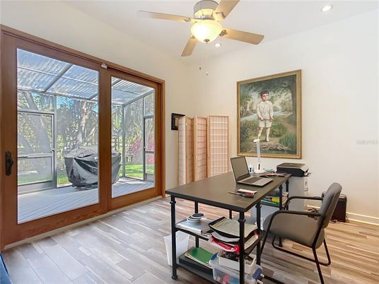 Home Office, Interior, Recessed Lighting, Sun Room, Wood Texture Flooring