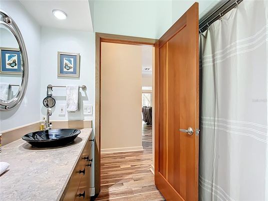 Bathroom, Interior, Recessed Lighting, Wood Texture Flooring
