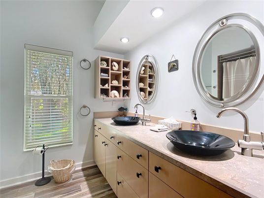 Bathroom, Dual Sink Vanities, Interior, Recessed Lighting, Wood Texture Flooring