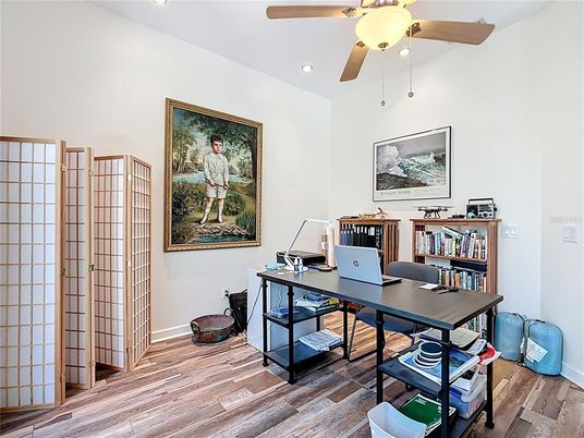 Home Office, Interior, Recessed Lighting, Wood Texture Flooring