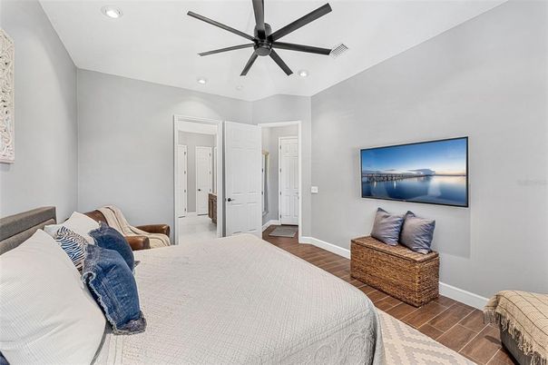 Bedroom, Interior, Recessed Lighting, Wood Texture Flooring