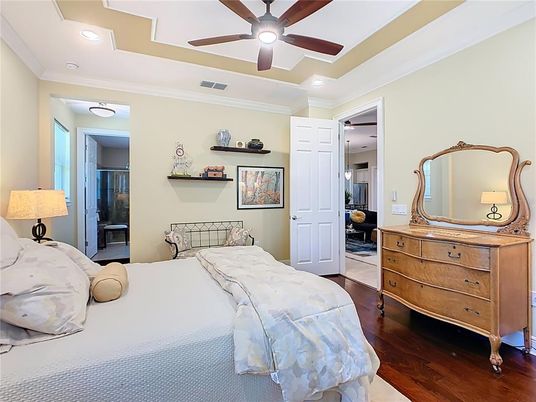 Bedroom, Interior, Recessed Lighting, Wood Texture Flooring