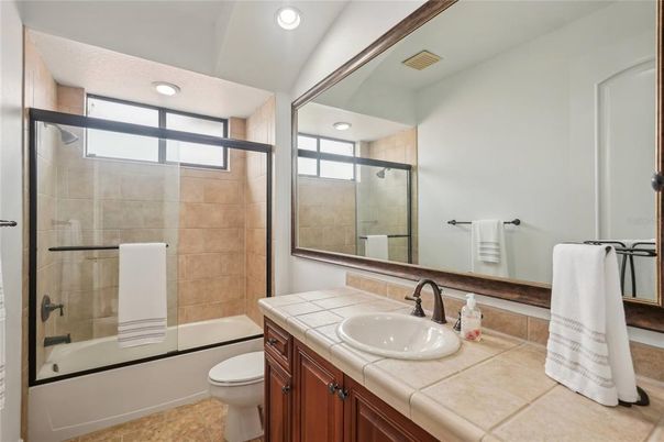Bathroom, Glass Shower, Interior, Recessed Lighting, Tile Countertops