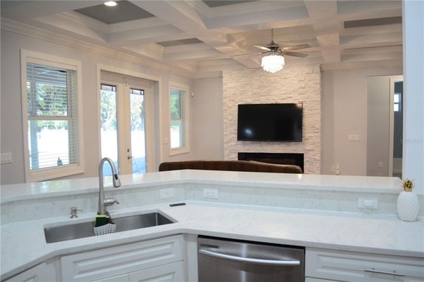 Fireplace, Interior, Kitchen, Recessed Lighting, Stone Walls