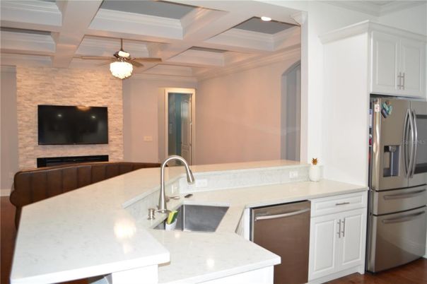 Interior, Kitchen, Recessed Lighting, Stone Walls, Wood Texture Flooring