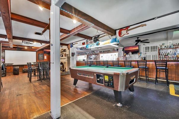 Billiard Table, Game Room, Interior, Wooden Beams, Wood Texture Flooring