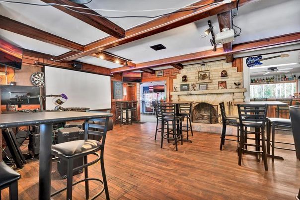 Dining room, Fireplace, Interior, Stone Walls, Wooden Beams, Wood Texture Flooring