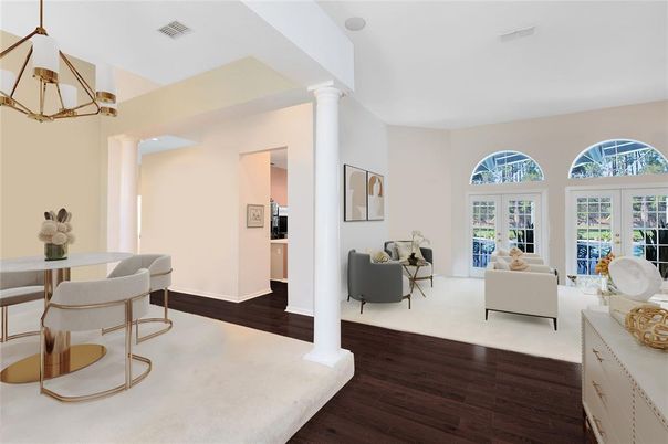 Interior, Living room, Pendant Lights, Wood Texture Flooring