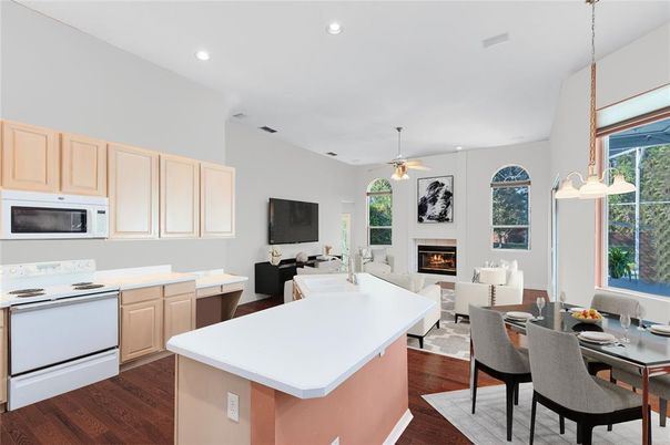 Dining room, Fireplace, Interior, Kitchen, Living room, Pendant Lights, Recessed Lighting, Wood Texture Flooring